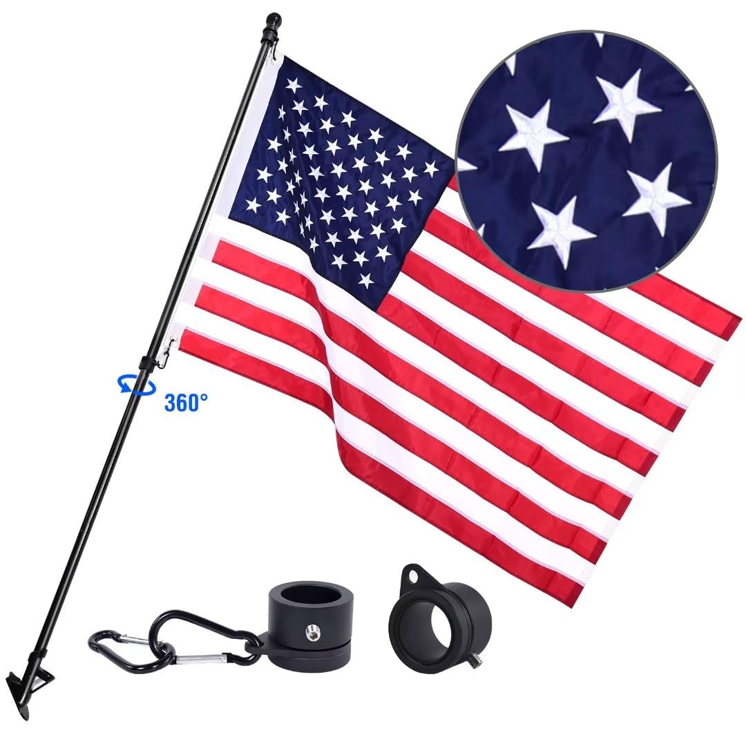 Quarut front view of complete flag pole kit showing assembled pole and flag, clear display benefit