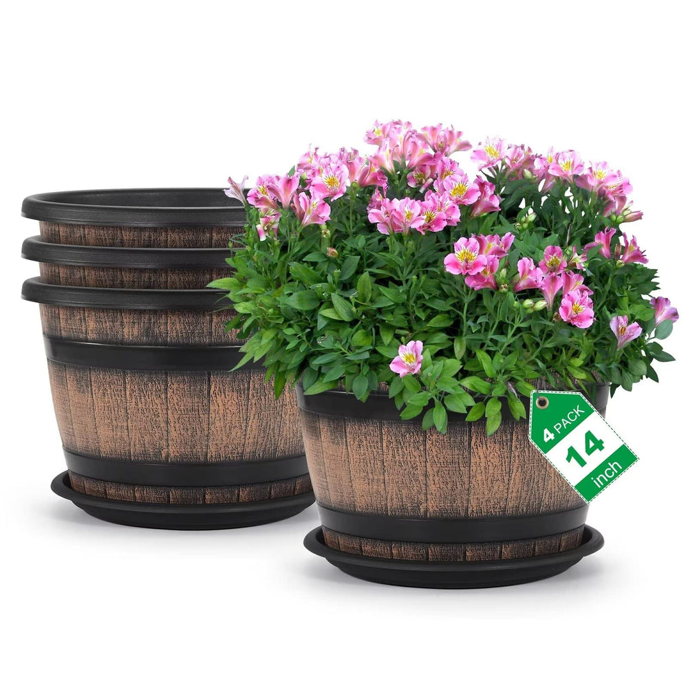 Quarut front view of four whiskey barrel planters showing rustic design and space-saving benefit