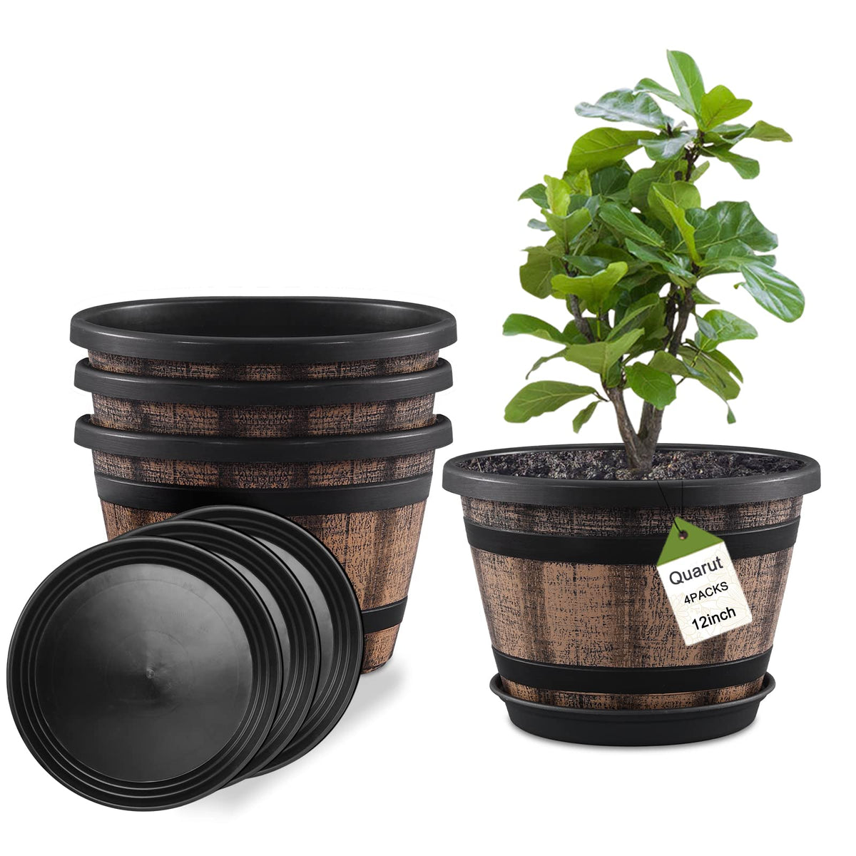Quarut front view of barrel planter shows rustic style and instant curb appeal