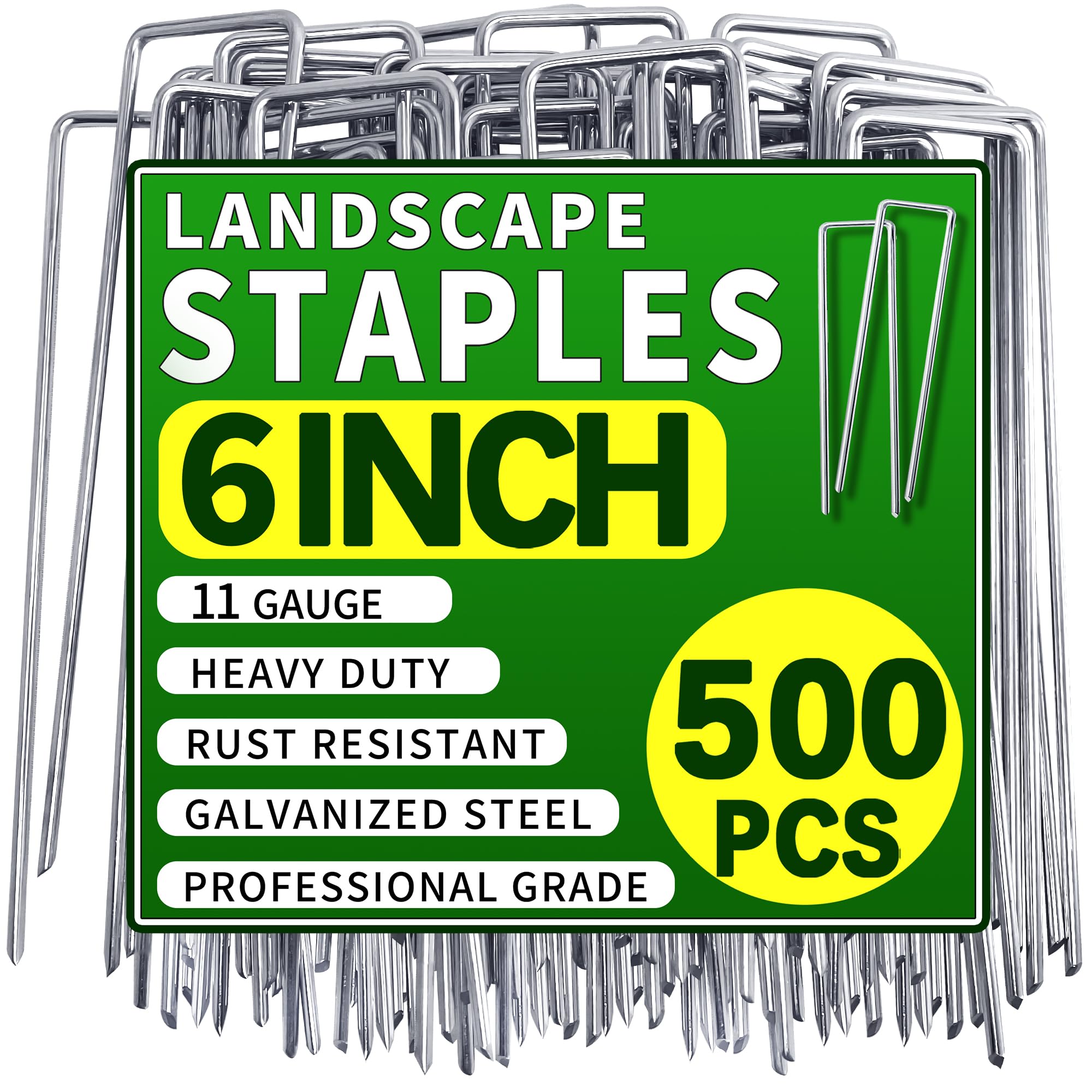 Qucuky front pack of 500 landscape staples showing quantity and size, ready to save time