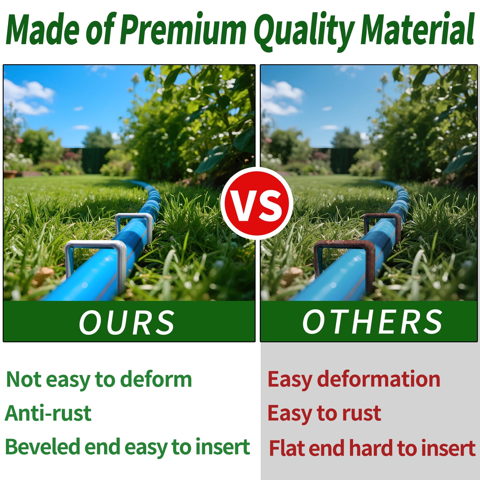 Qucuky staples driven into garden soil securing fabric, keeping landscape tidy