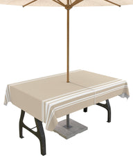 QueenKer front view of khaki white striped tablecloth showing full design and fit