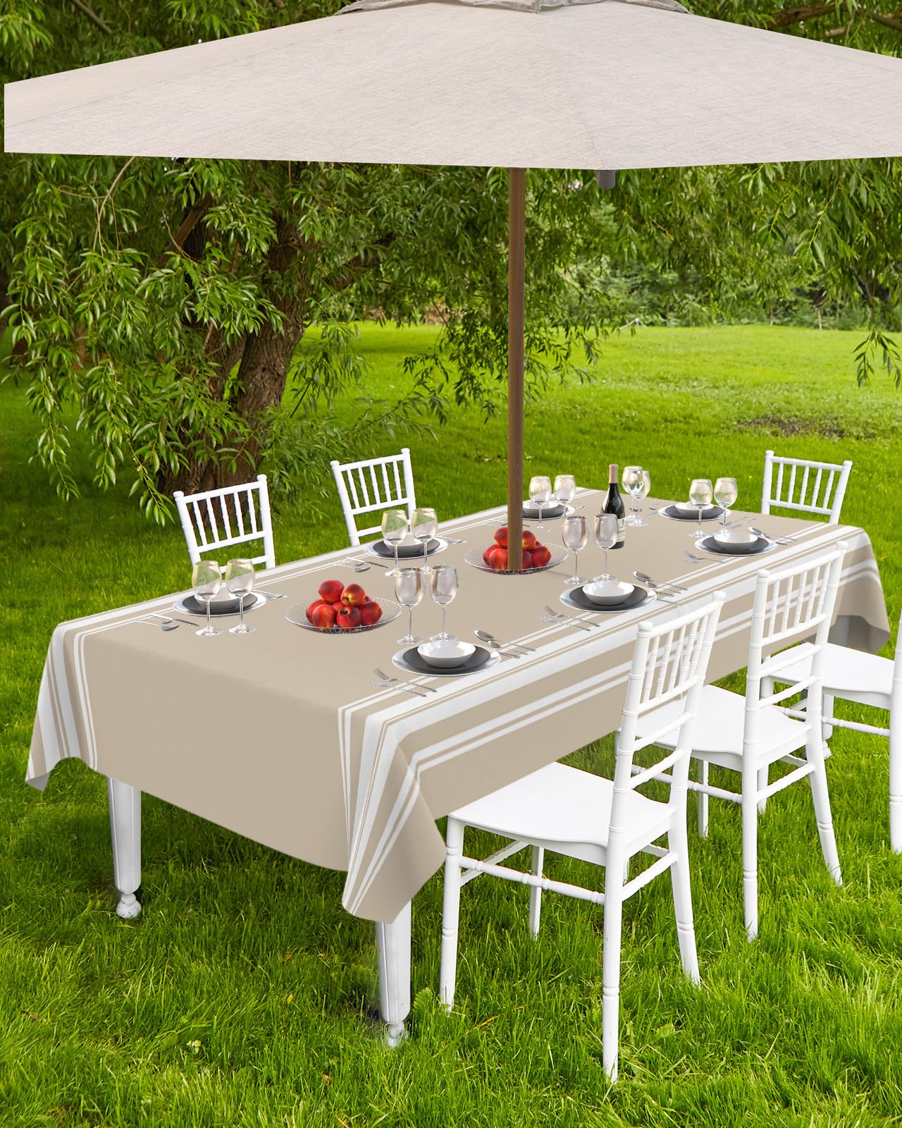 QueenKer tablecloth in use on patio dining table for effortless outdoor meals