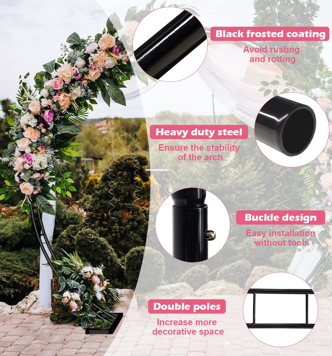 Queension arch decorated with flowers showing event-ready visual impact