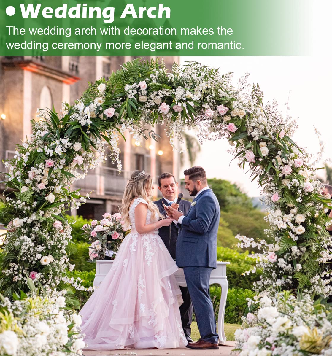 Queension arch styled with flowers and balloons highlighting wedding photo backdrop potential