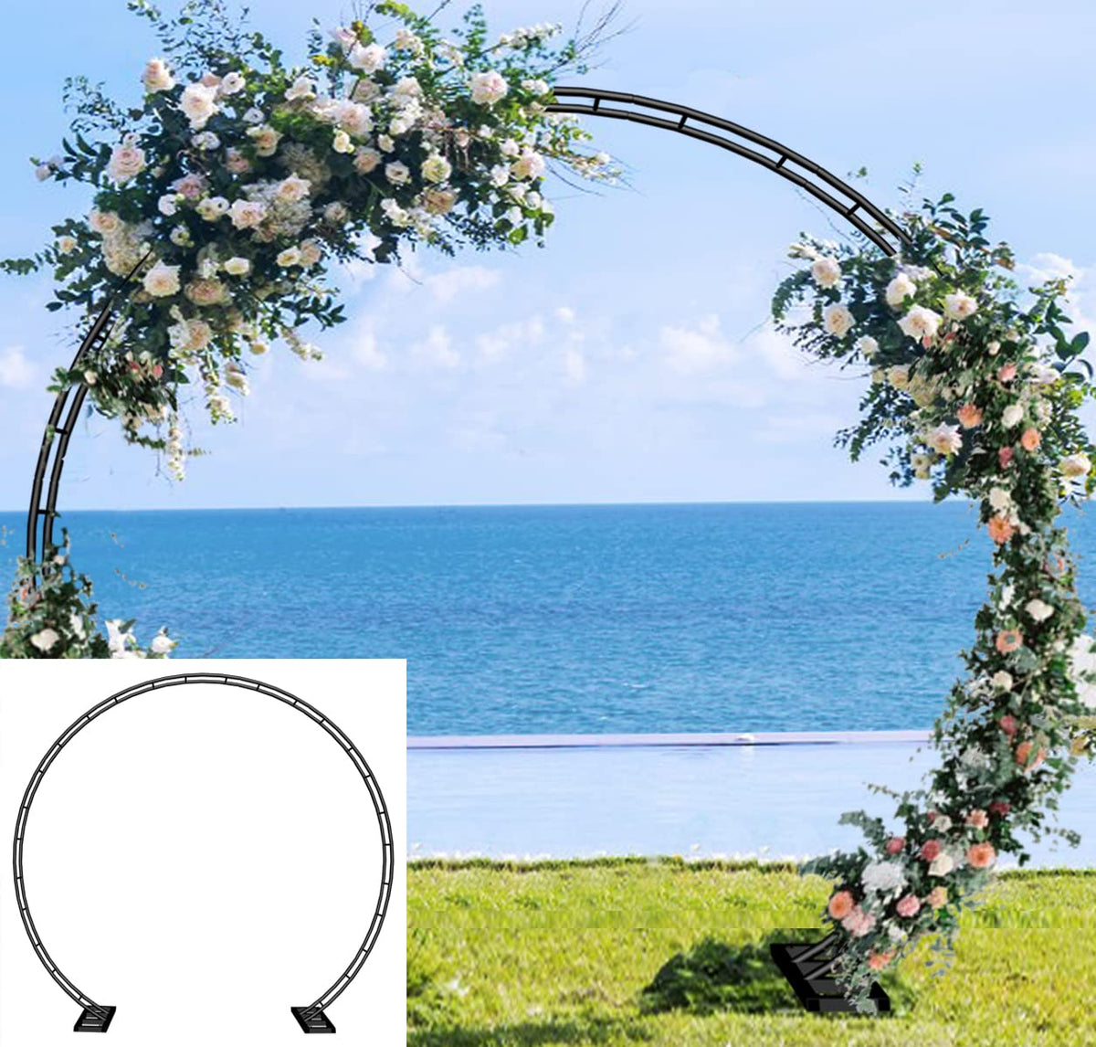 Queension arch front view showing full black frame and ceremony benefit