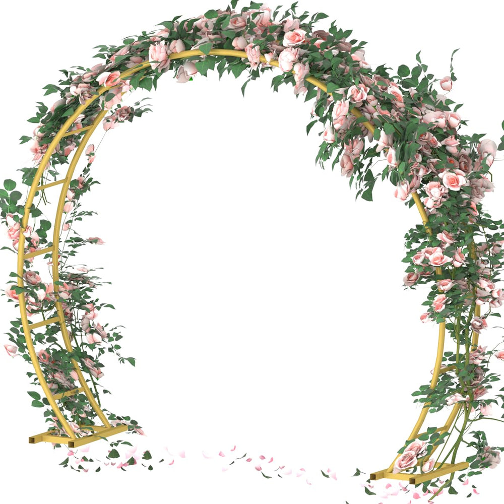 Queension gold arch front view showing full circular backdrop and elegant presence