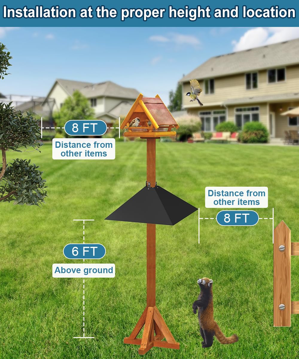 Queension baffle mounted below bird feeder in backyard setting