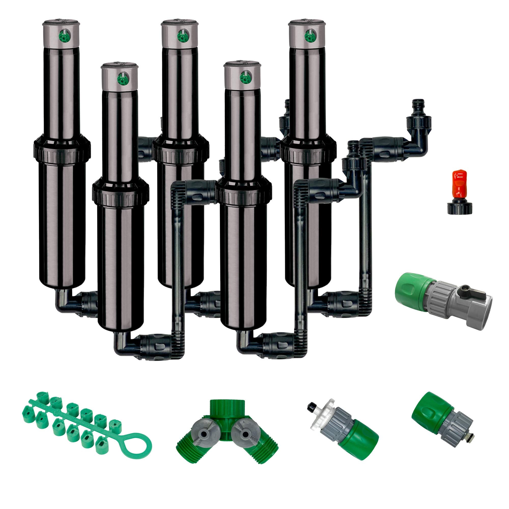 Quick-Snap front packaging showing five-sprinkler kit and included accessories for easy setup