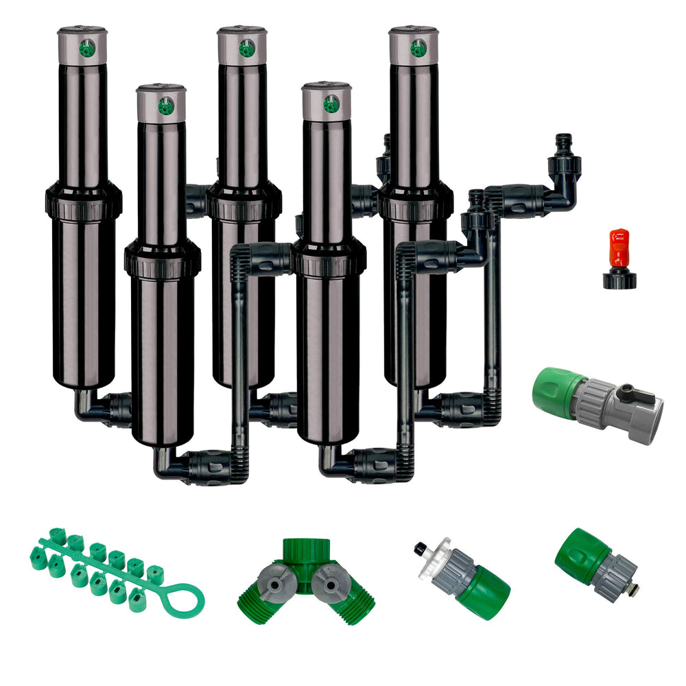 Quick-Snap front packaging showing five-sprinkler kit and included accessories for easy setup
