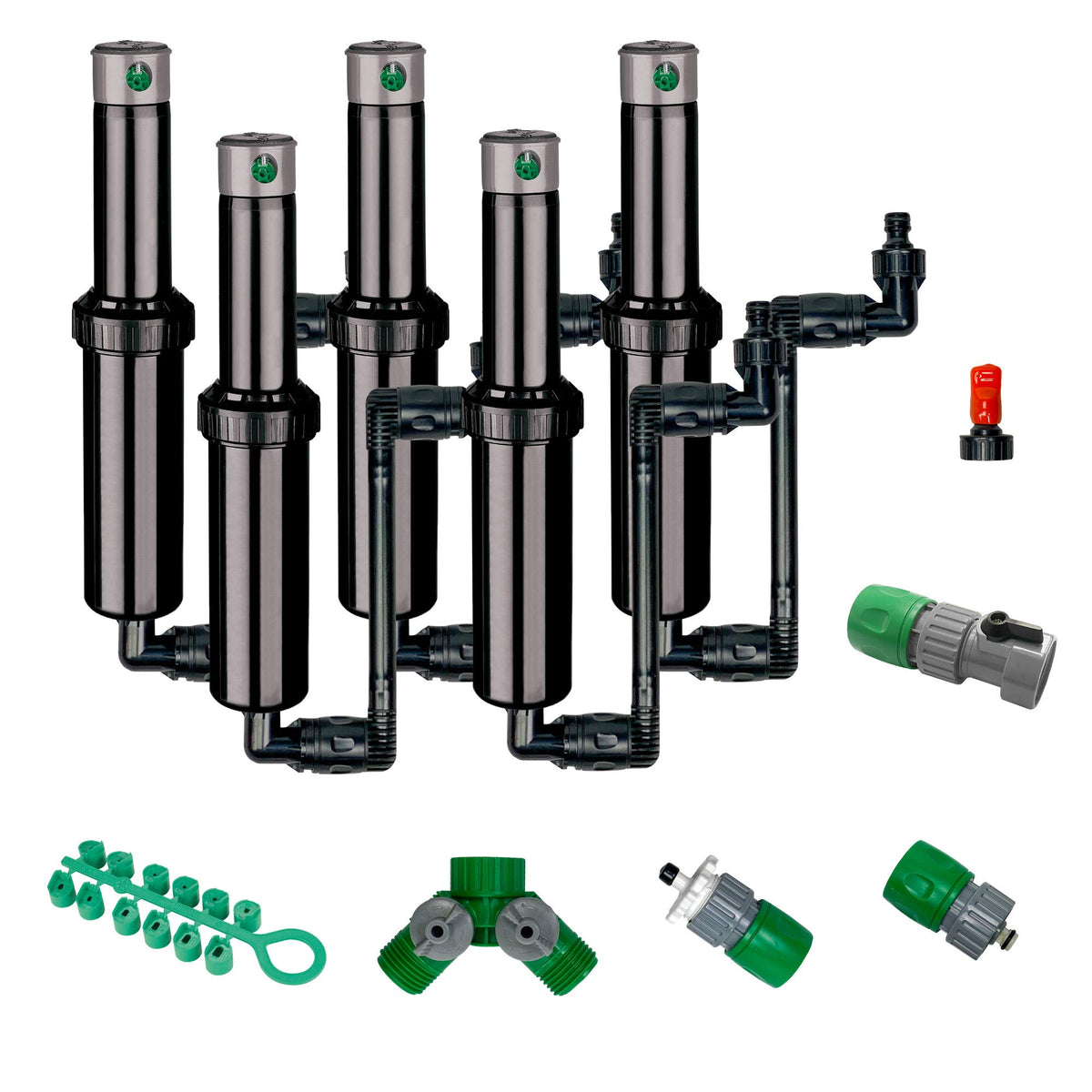 Quick-Snap front packaging showing five-sprinkler kit and included accessories for easy setup