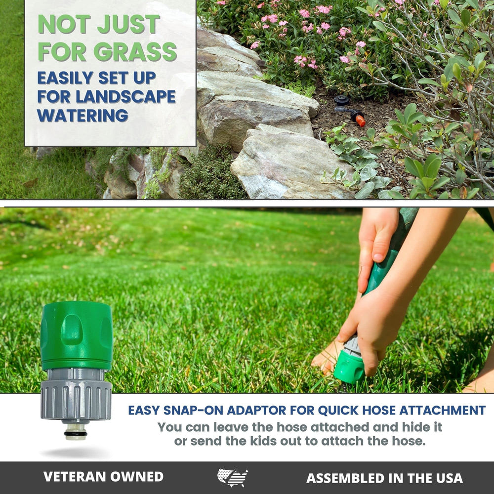 Quick-Snap sprinkler beside a hand to show compact 5-inch height and homeowner-friendly scale