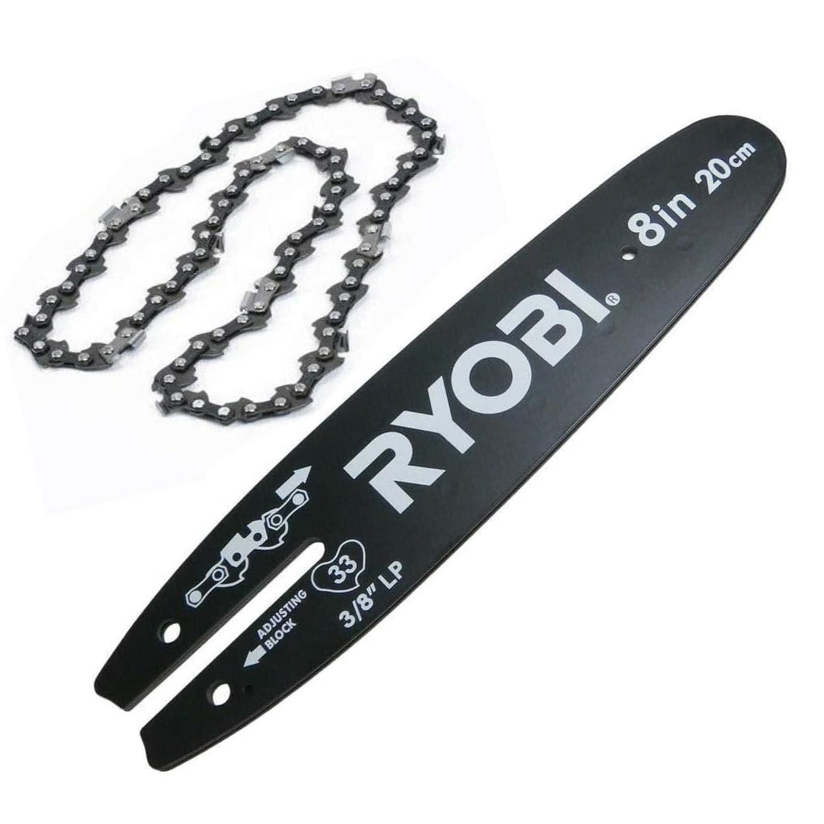 QUICKIEPARTS front view of bar and chain showing fit for Ryobi P4360 and improved performance