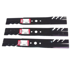 QUICKIEPARTS front view of three 16-1/8 inch mulching blades, ready to install