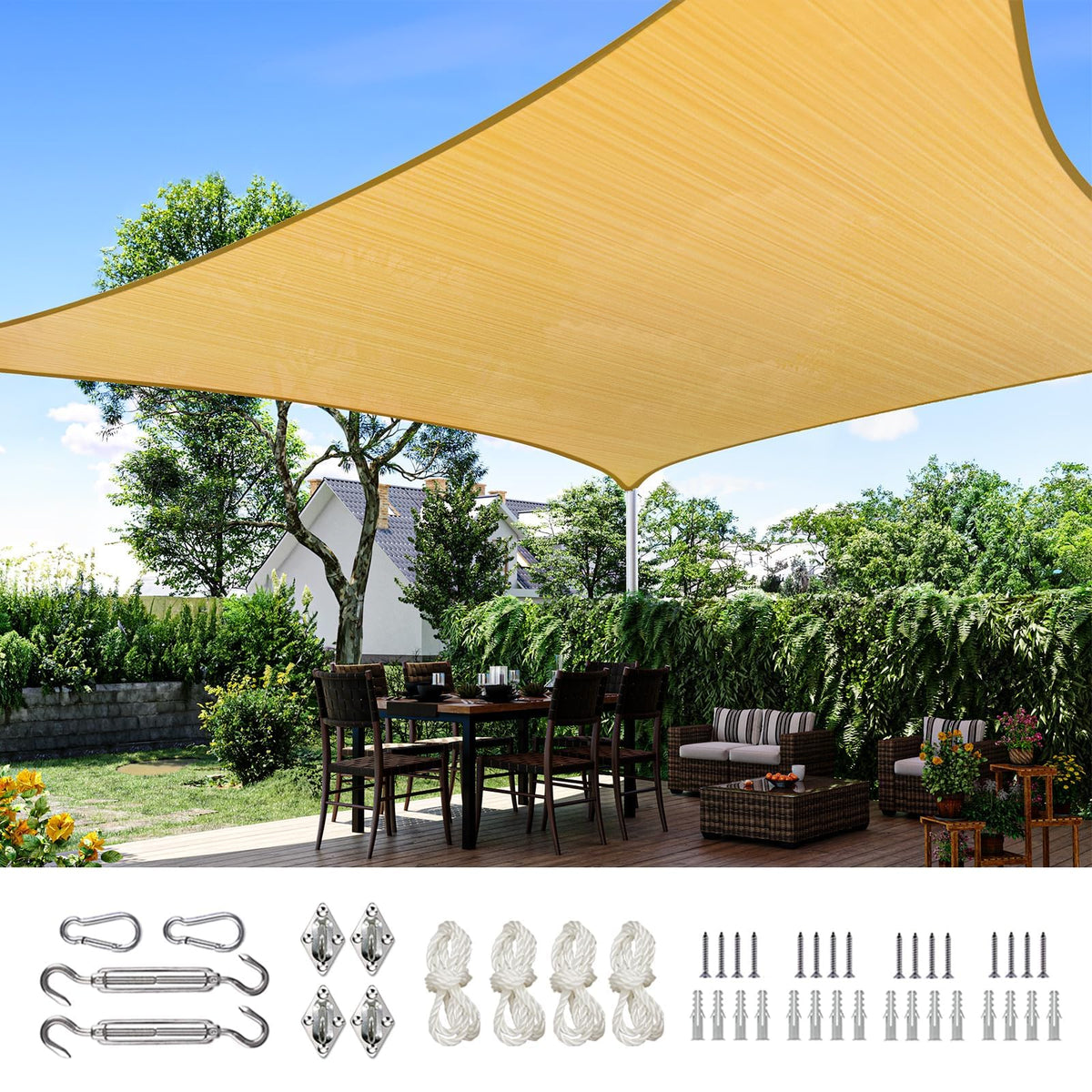 Quictent front view of sand 12x16ft shade sail showing coverage benefit