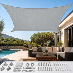 Quictent front packaging showing 26x20ft sail and included hardware for quick setup