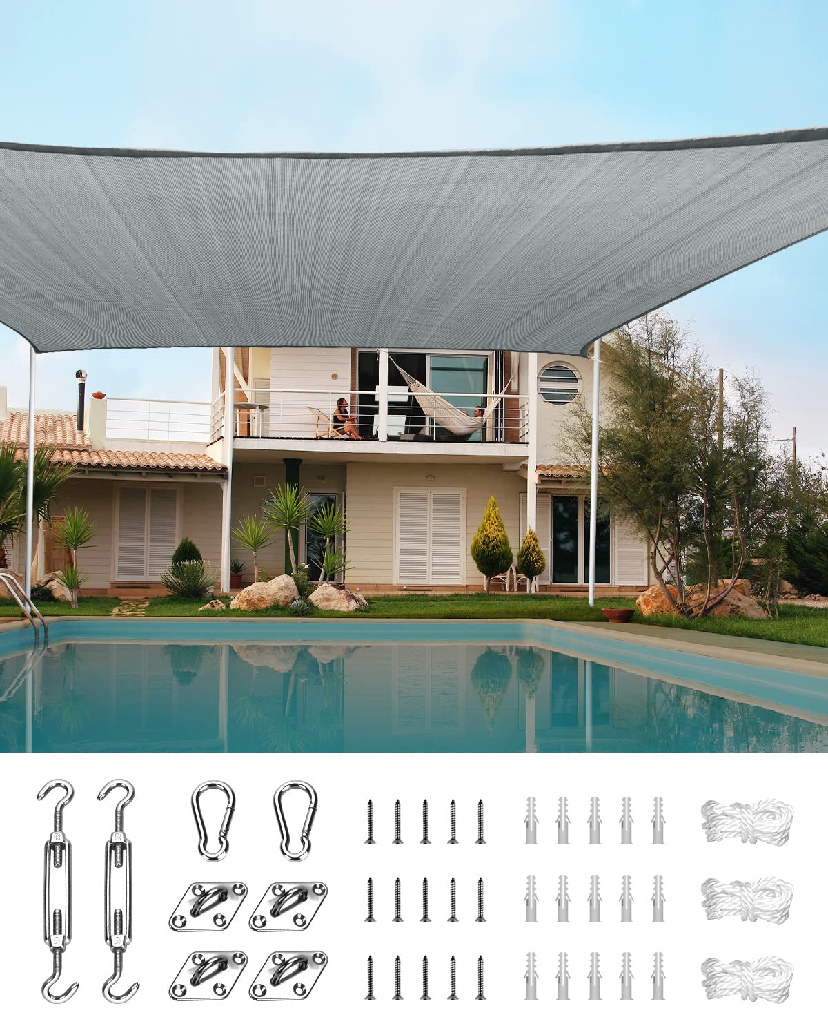 Quictent front packaging showing gray sun sail and included kit for quick setup