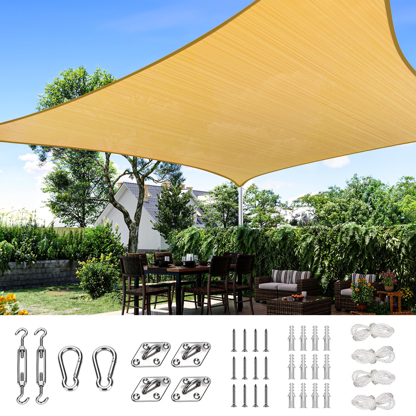 Quictent front packaging showing sails and hardware, highlights easy setup