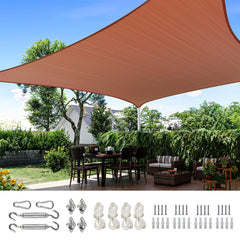 Quictent front packaging terracotta shade sail showing size and included kit benefits