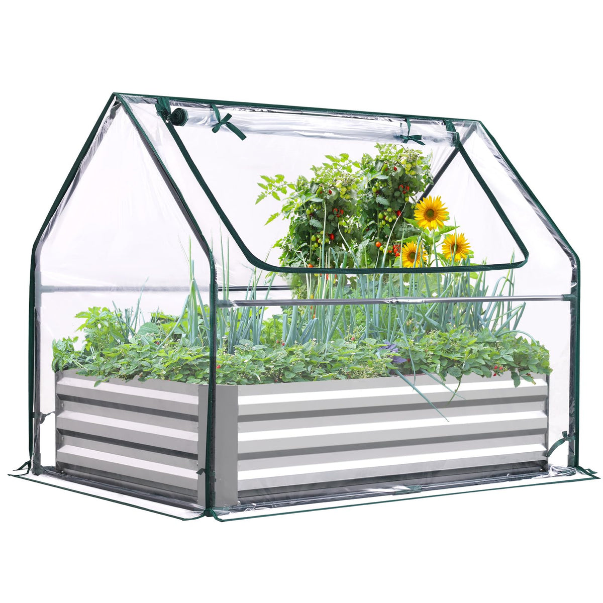 Quictent front view of raised garden bed showing compact greenhouse protection benefits