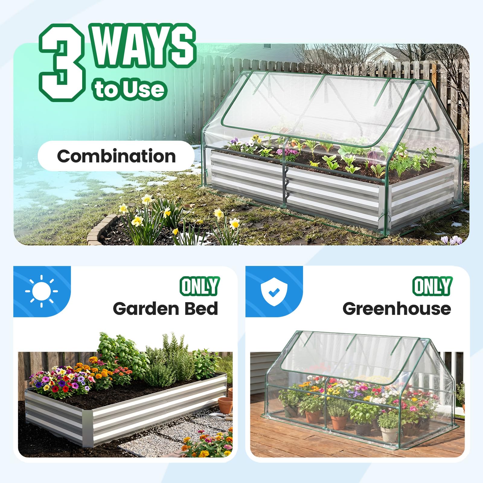 Quictent raised bed with greenhouse cover closed protecting seedlings and extending season