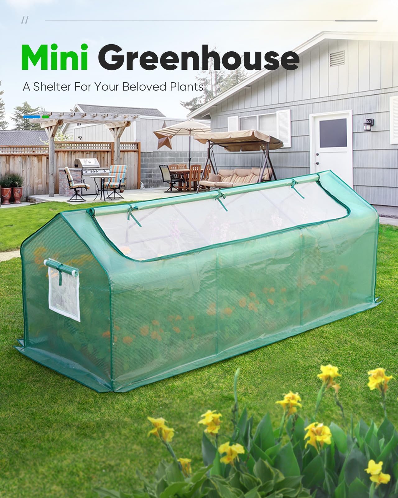 Quictent mini greenhouse cover closeup highlighting reinforced PE durability benefit