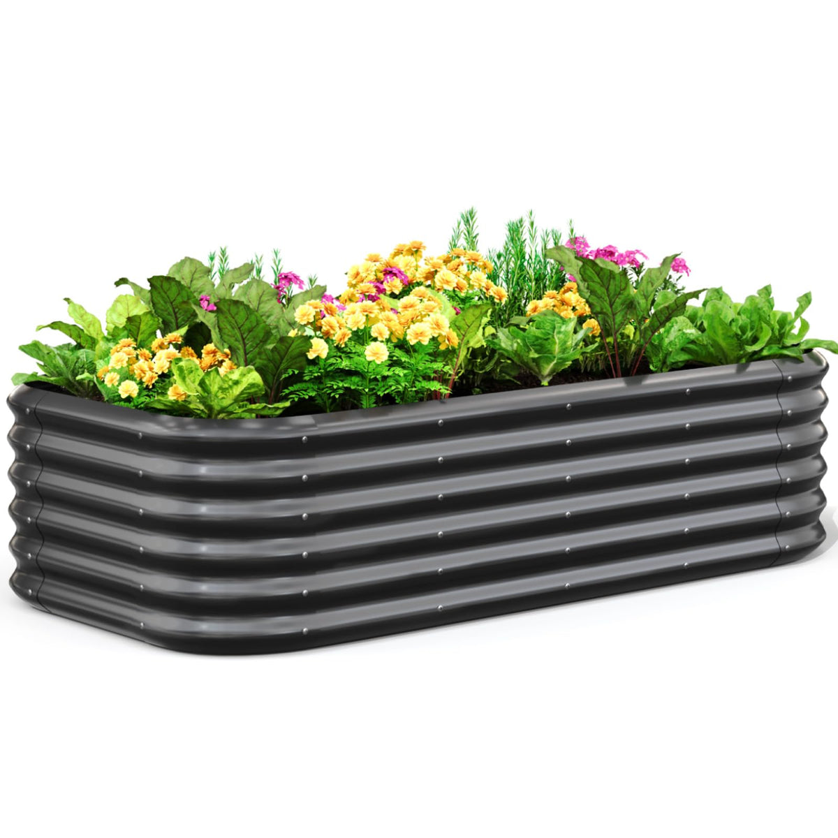 Quictent oval garden bed front view showing neat galvanized finish and shape benefit