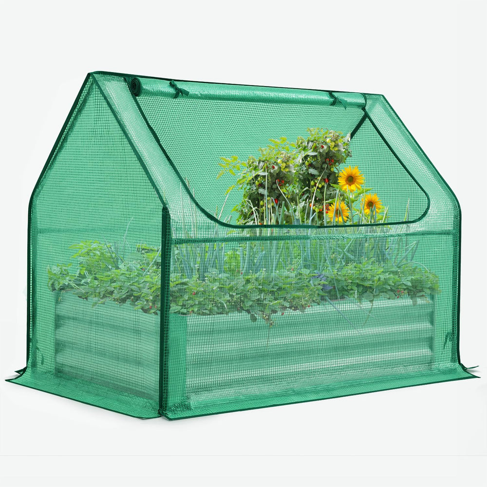 Quictent front view of raised garden bed and greenhouse cover showing protection