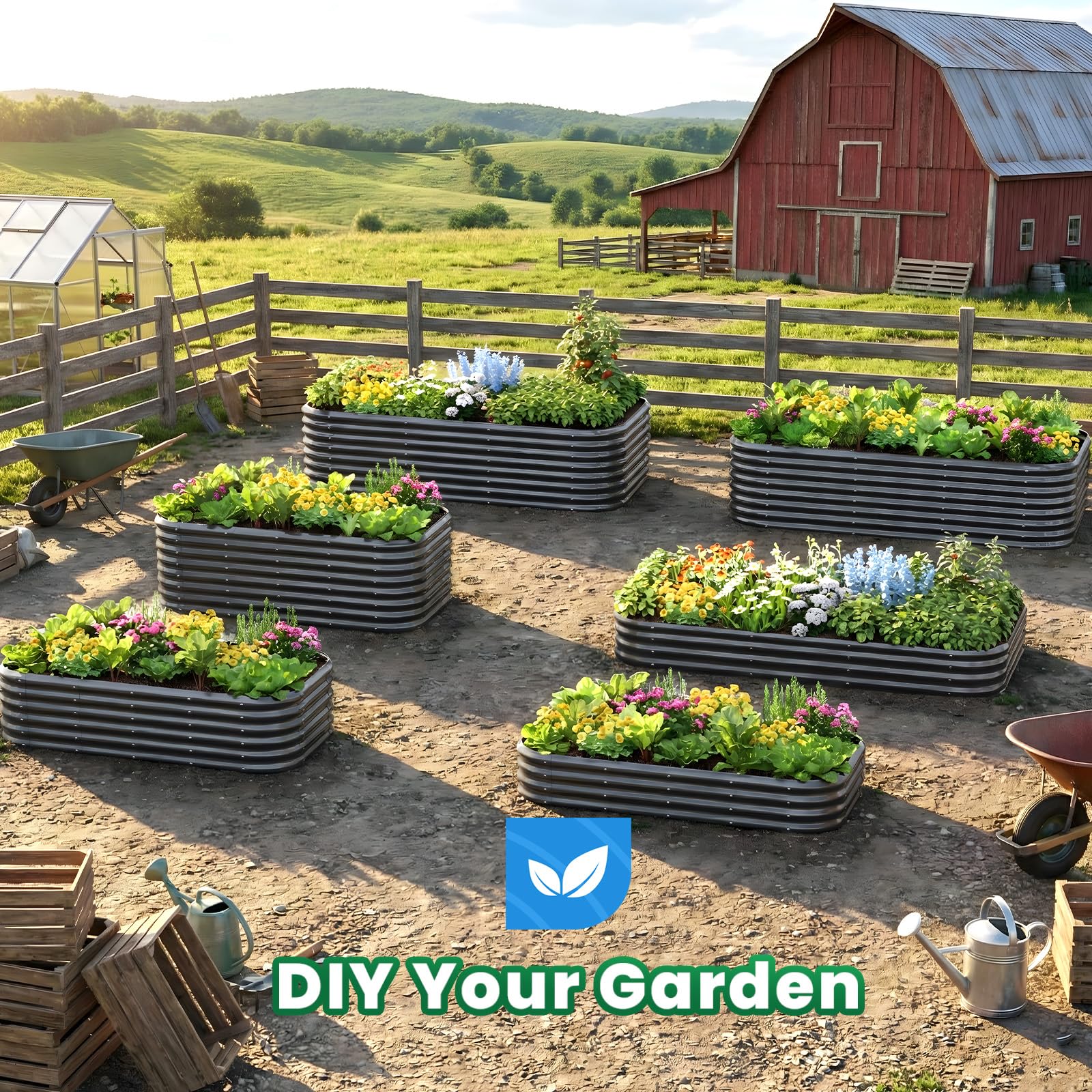 Quictent garden bed beside tools showing size and scale for planning