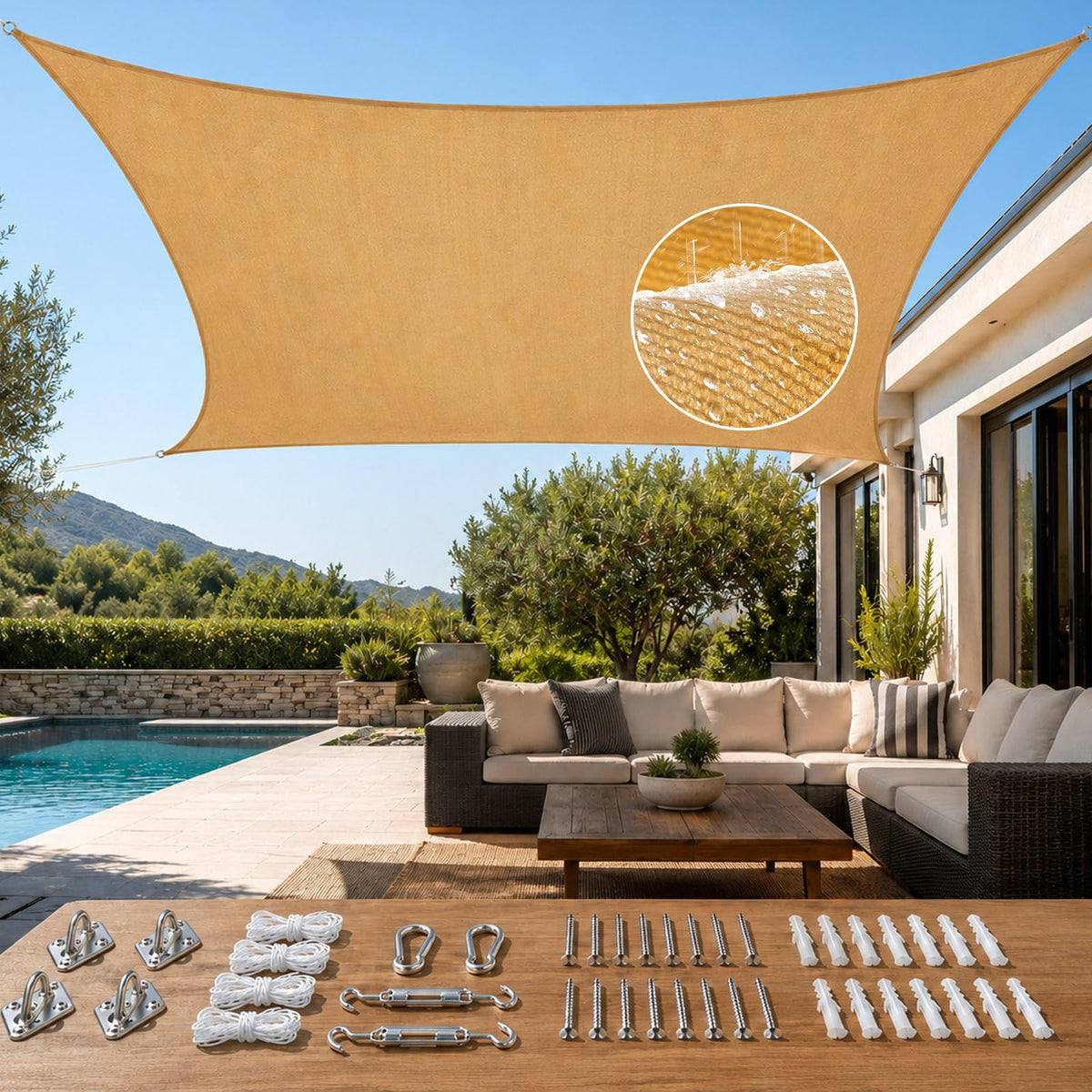 Quictent front view of sand shade sail for full coverage and cooling