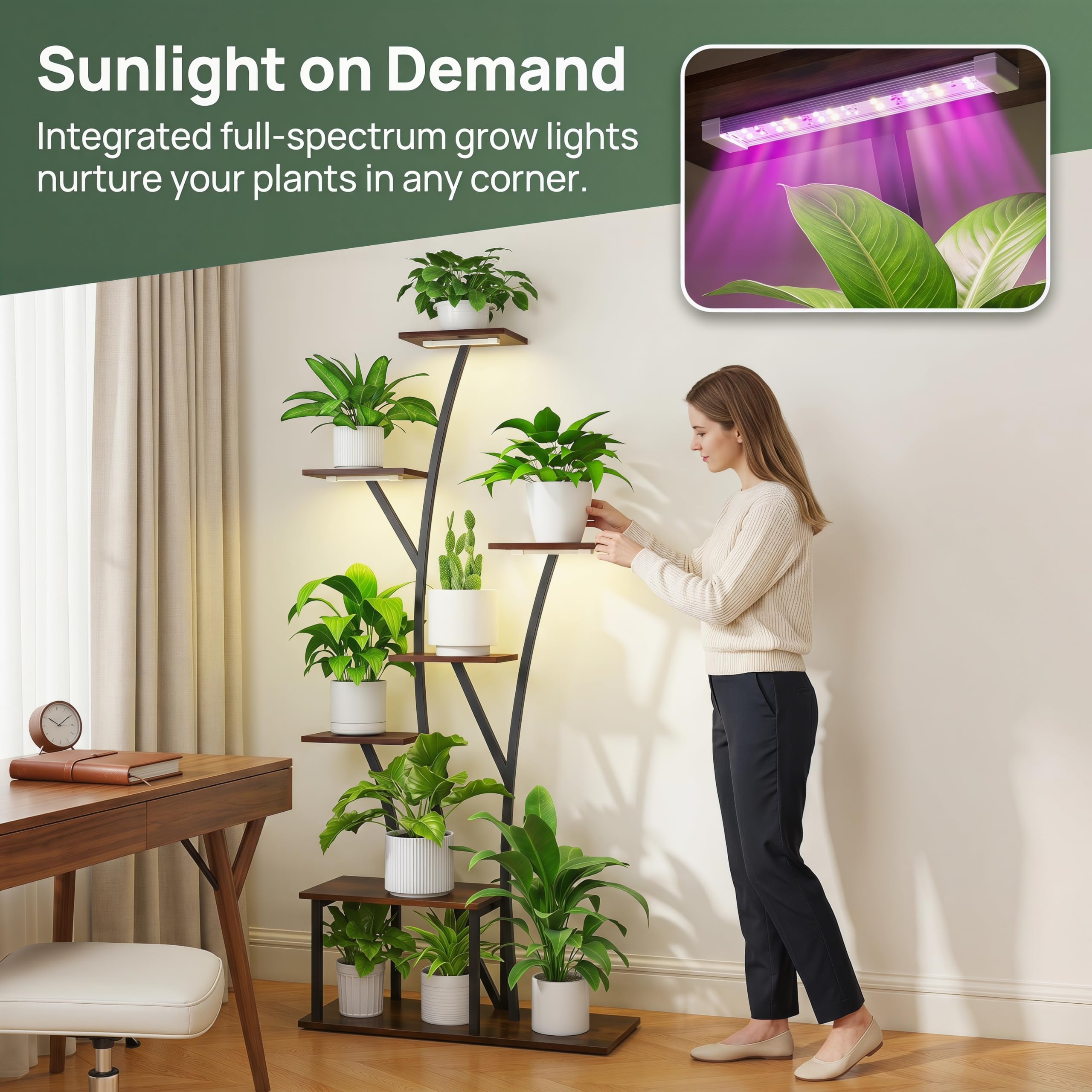 Quikraen closeup of three-head grow light showing adjustable spectra and brightness