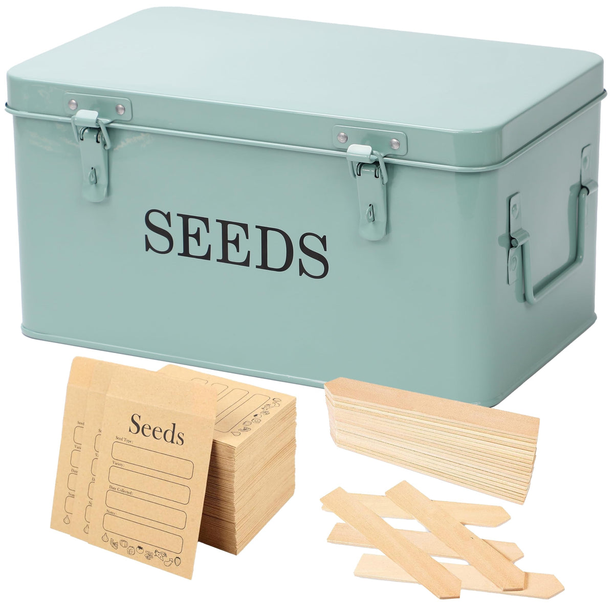 QUILIVIK front view green metal seed box showing secure storage