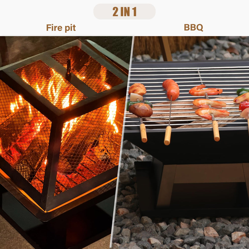 Quilushey lit fire pit in backyard creating cozy heat for small gatherings