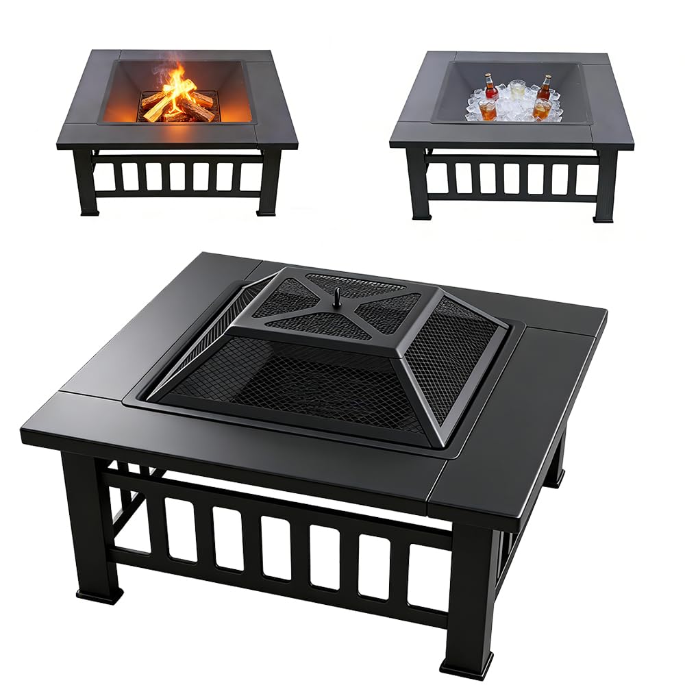 Quilushey front view of square fire pit table showing compact outdoor centerpiece and durability