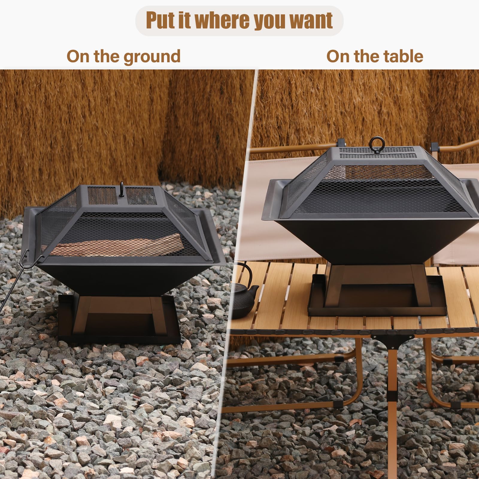 Quilushey fire pit next to chair to show scale and portability benefit
