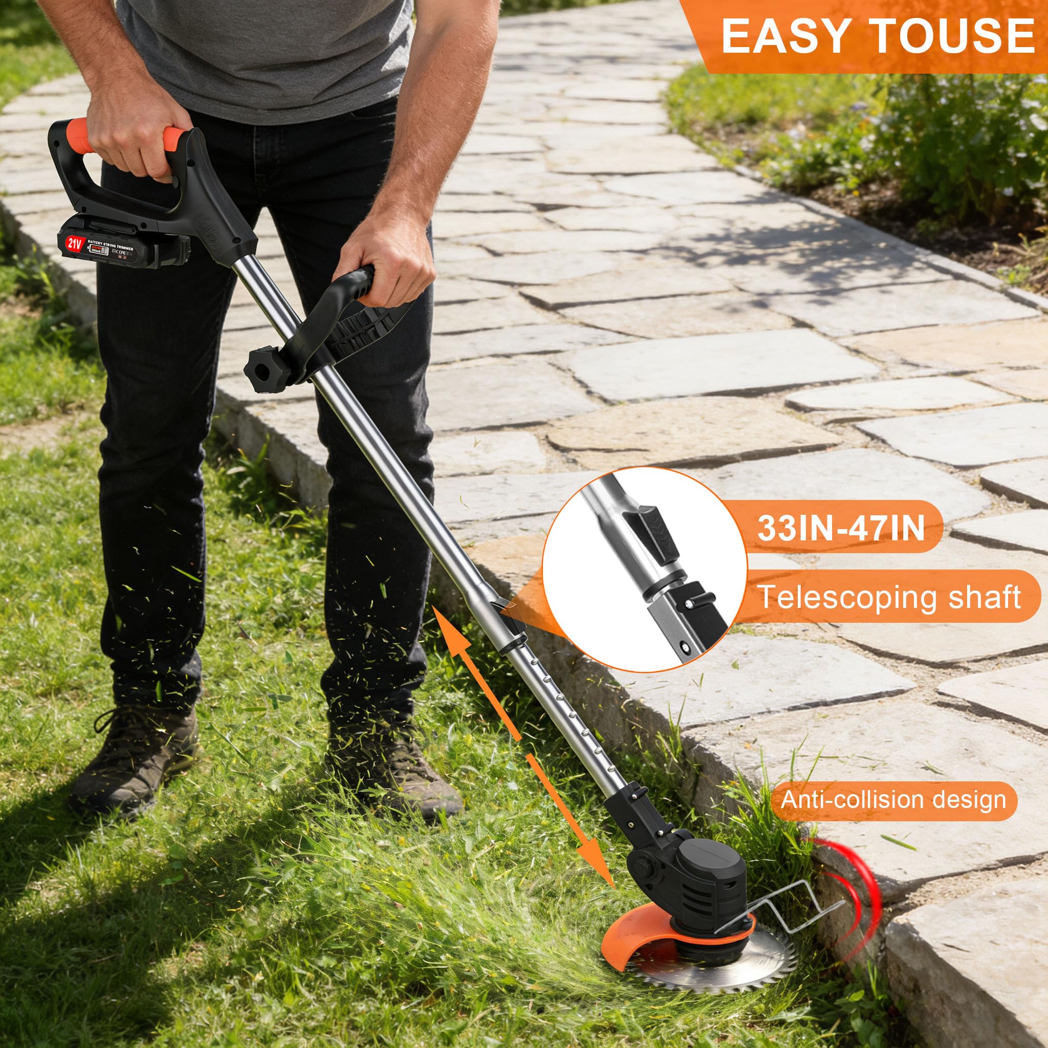 Quinitiles trimming a lawn edge in a yard for precise, clean borders