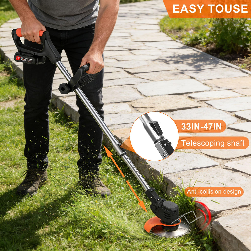 Quinitiles trimming a lawn edge in a yard for precise, clean borders