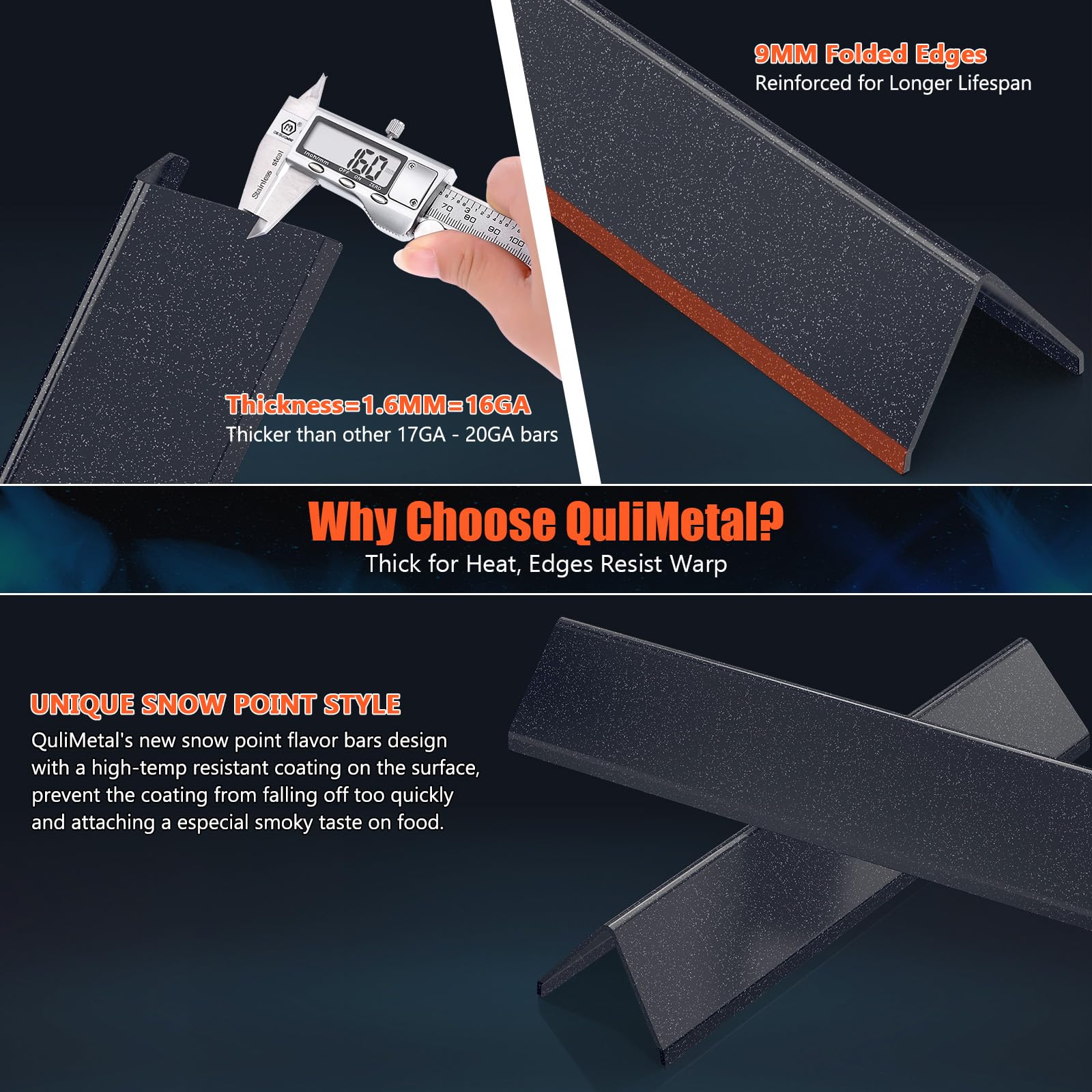 QuliMetal in-use shot with smoke and clear sear marks illustrating better flavor and browning