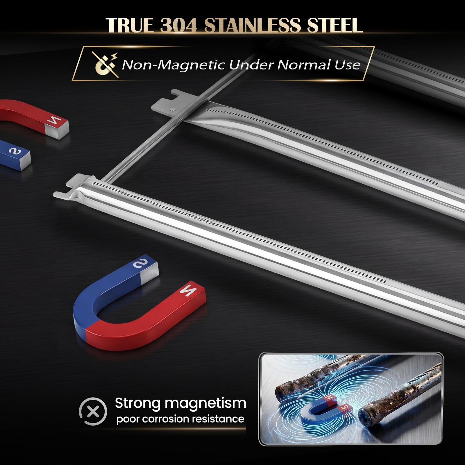 QuliMetal burners beside a tape measure showing 34¼" main and 12¾" crossover for fit verification