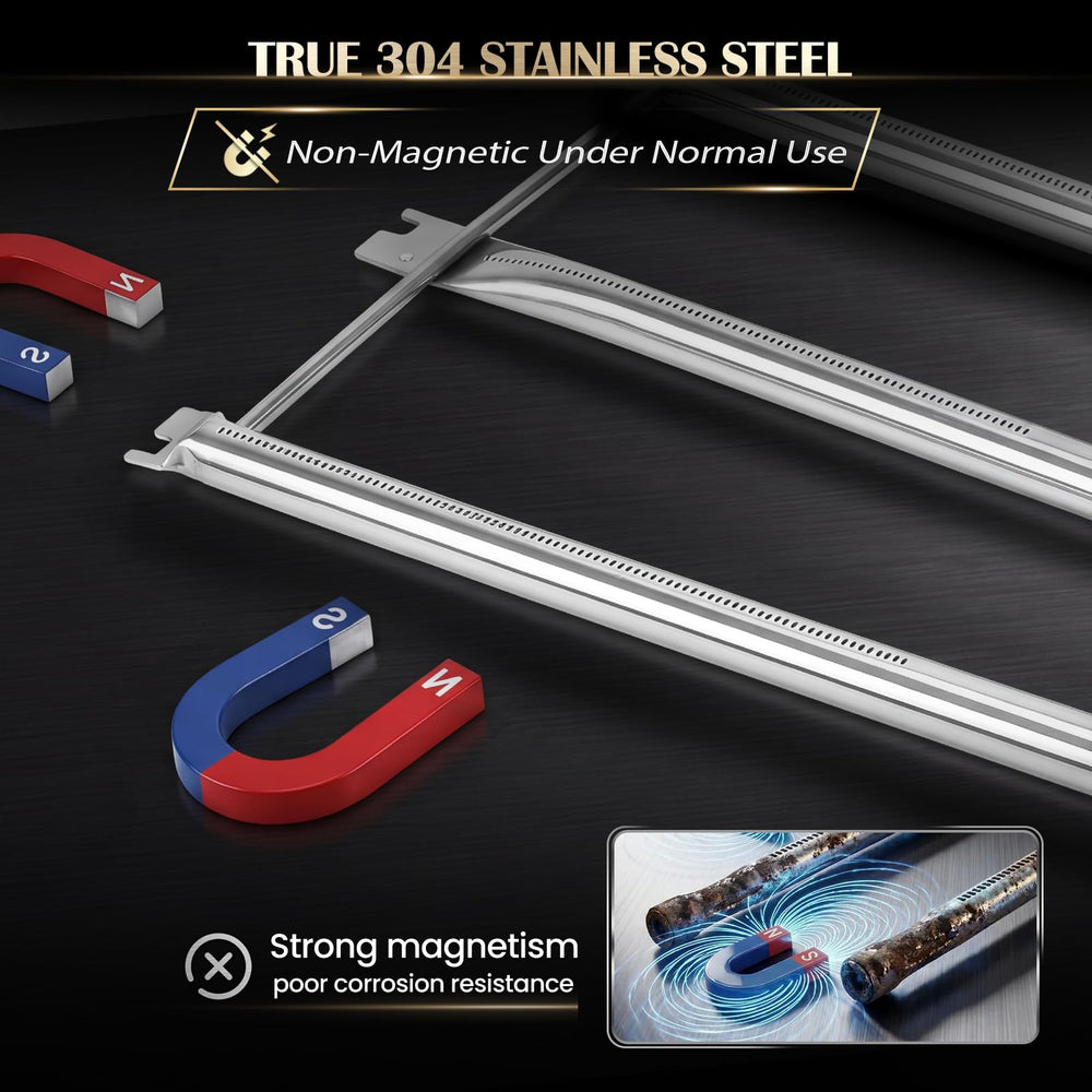 QuliMetal burners beside a tape measure showing 34¼" main and 12¾" crossover for fit verification