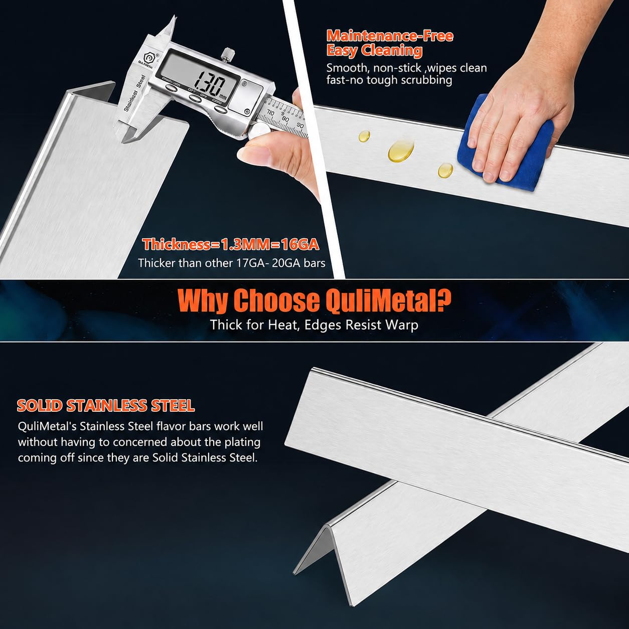 QuliMetal edge profile highlighting 16GA thickness for improved heat durability