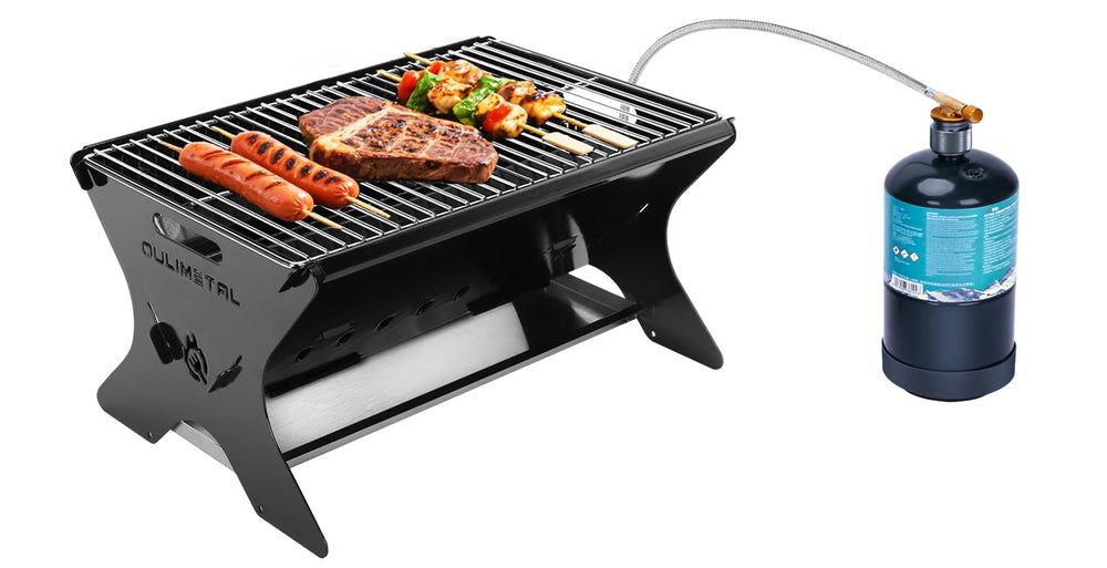 QuliMetal folded grill front view showing compact portability and quick setup