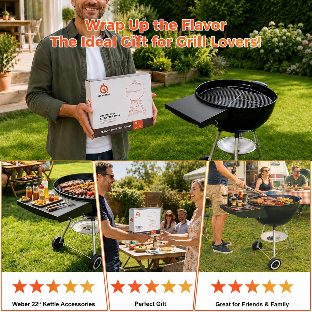 QuliMetal shelf installed on grill in backyard making prep more efficient
