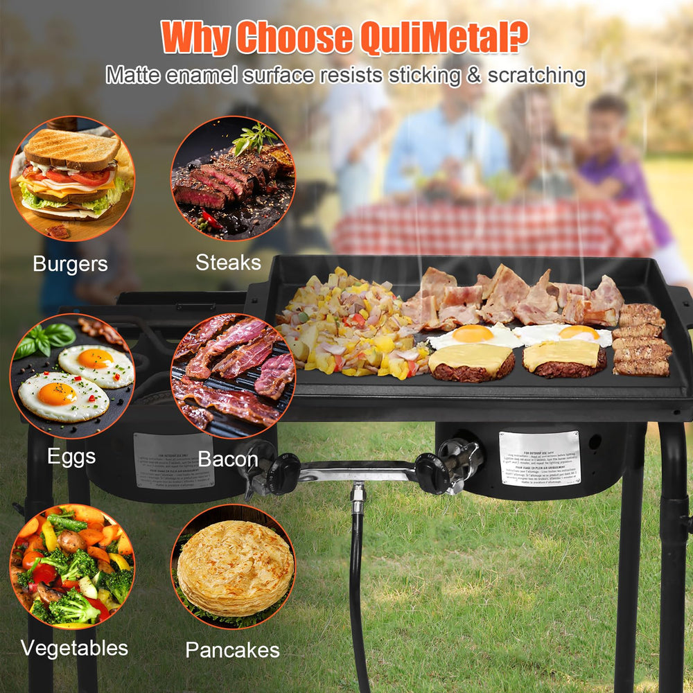 QuliMetal lifestyle scene with pancakes on griddle showing fast breakfast cooking benefit