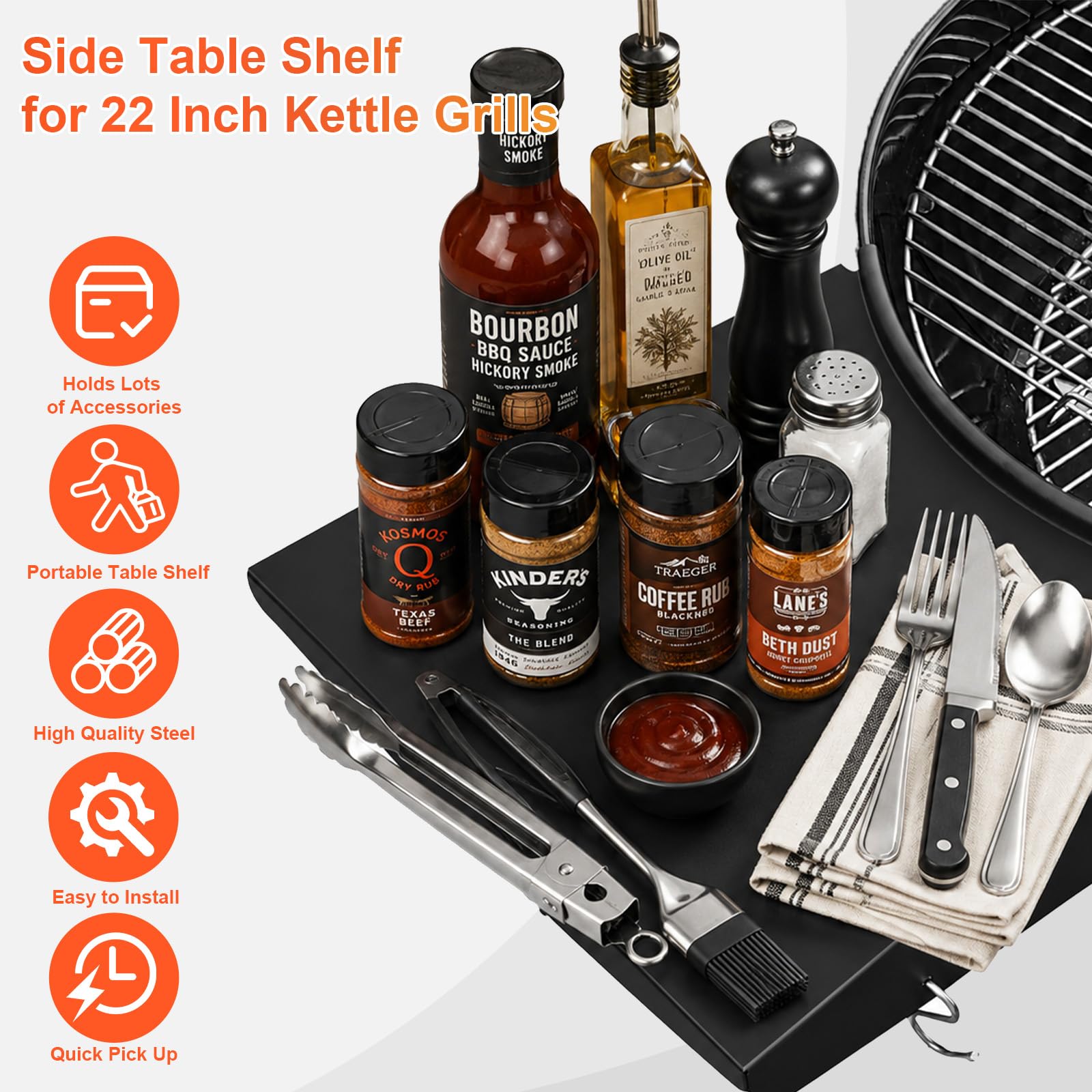 QuliMetal shelf holding plates and condiments for quicker grilling