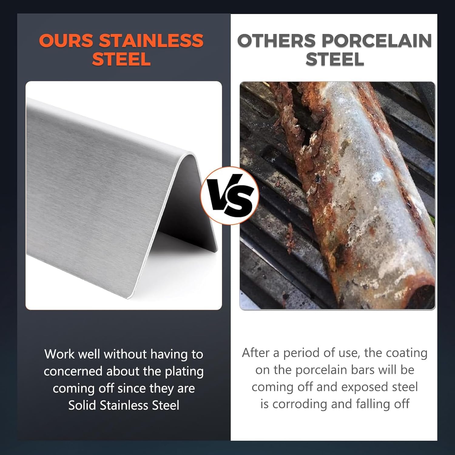 QuliMetal bar next to grill grate for scale, demonstrating full coverage and correct fit