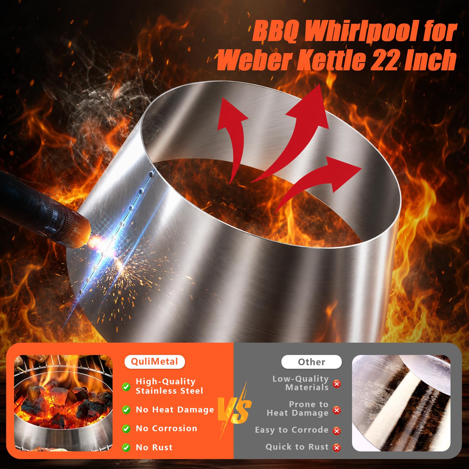 QuliMetal installed in a Weber Kettle demonstrating concentrated heat and sear zone
