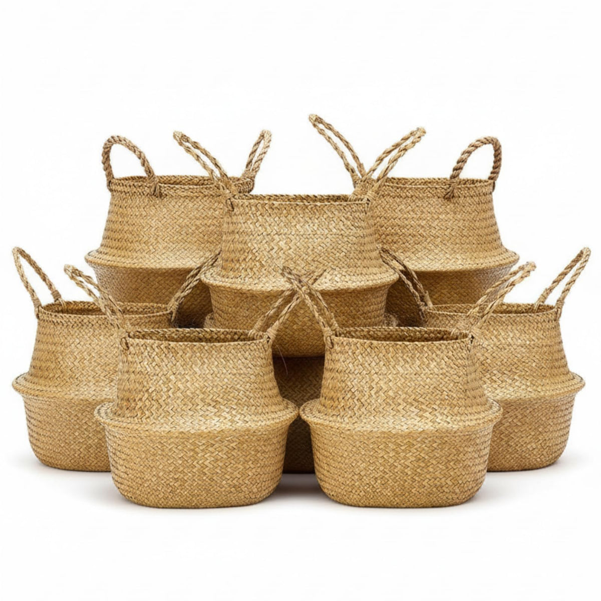 Qunclay front view of four seagrass baskets showing natural decor appeal