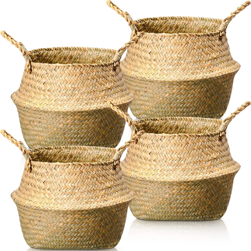 Qunclay front view round seagrass basket showing natural boho appeal and leak-safe bottom
