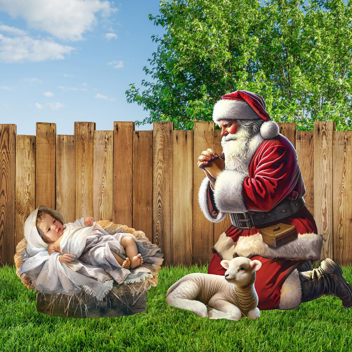 Qunclay kneeling Santa front view showing clear festive imagery and curb appeal